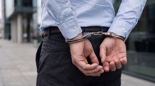 Businessman in handcuffs arrested for corporate crime wearing blue shirt and dark trousers outdoors