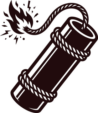 Vintage dynamite explosive bomb with burning fuse illustration, black and white