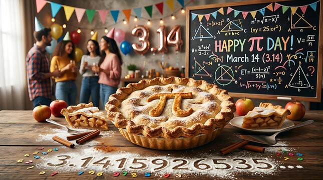 Happy Pi Day 3 14 apple pie celebration with chalkboard math equations party