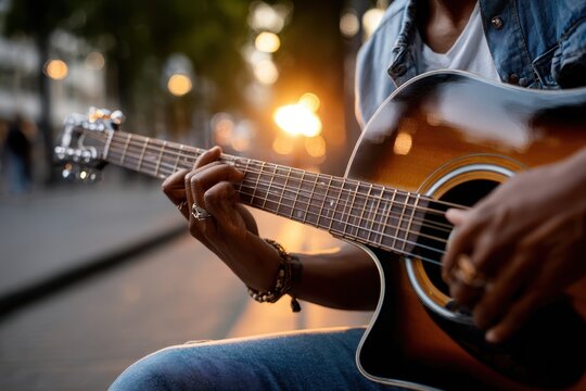 Close Up of Hands Playing Acoustic Guitar Outdoors