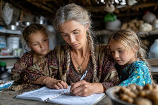 Mother helps children learn as they sit together in a rustic home