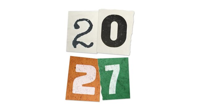 Happy new year 2027 typography, retro punk ransom note lettering. Mismatched numbers on torn magazine paper scraps