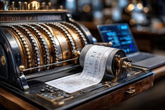 Antique cash register and laptop create a contrast in a modern workspace
