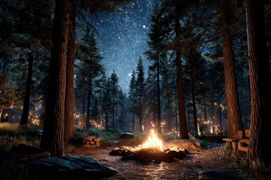 Campfire gathering under a starry night sky in a forest