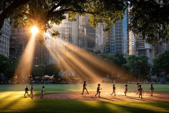 Youth baseball game in urban park during sunset with sunlight streaming through trees