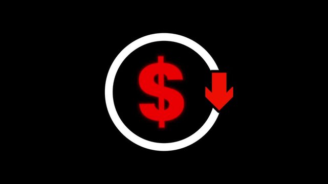 Money reduction icon on black background. Dollar currency price drop concept. Money reduction icon animation. circle with down arrow moving animation.