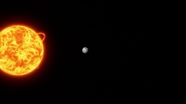 Solar system planets lining up beside the glowing sun with name labels after a solar surface close-up