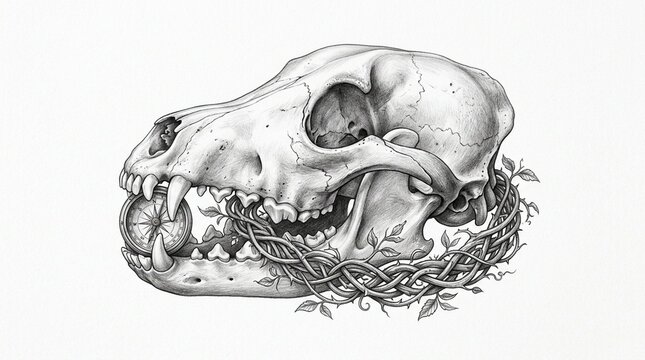 Wolf skull holding a compass with tangled vine branches