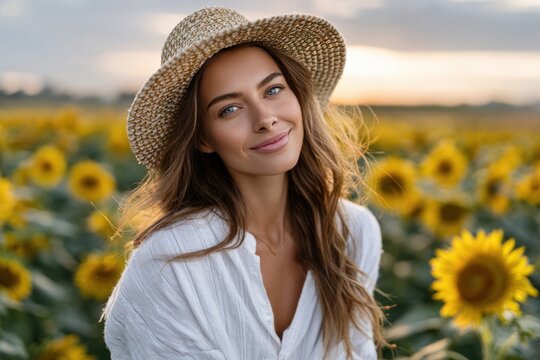 Woman enjoying a sunny day among blooming sunflowers in a vibrant field