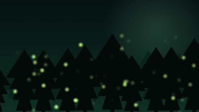 Glowing fireflies flying in dark pine forest at night, seamless loop magical fantasy nature animation background