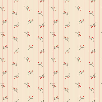 Red Rosebud Seamless Pattern on Warm Cream Striped Background for Rustic Floral Textile and Wallpaper Vector Design