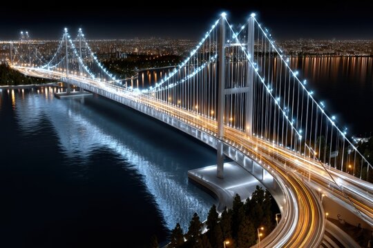 Illuminated Suspension Bridge Over Water at Night