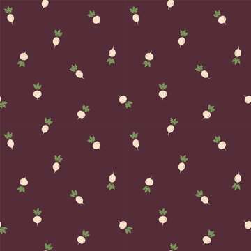 White Daikon Radish Seamless Pattern on Dark Maroon Background for Rustic Organic Harvest Kitchen Vector Textile Print