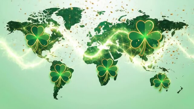 World map with green shamrock or clover leaf on each continent. Global St. Patricks Day celebration and Irish culture worldwide representation concept.