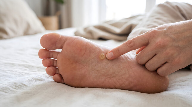 Close-Up of a Hand Pointing to a Corn on the Sole of the Foot