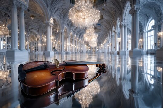 Elegant violin resting on a reflective surface in an opulent hall with chandeliers