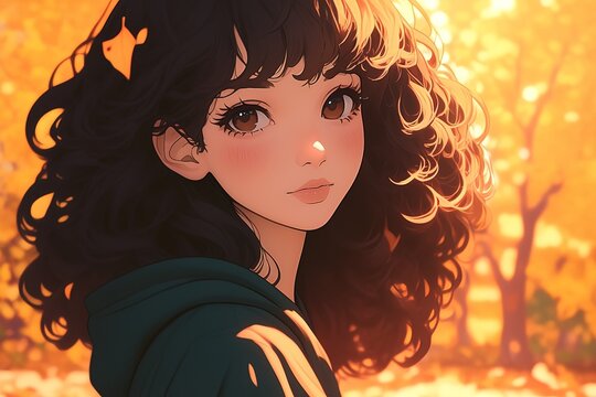Close up portrait of curly hair anime girl with golden sunset backlight. Perfect for autumn skincare brand web header, youth cosmetics product packaging or aesthetic fashion magazine cover