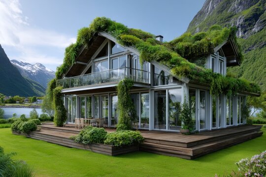 Unique eco-friendly house with lush roof in a scenic mountain landscape during daylight