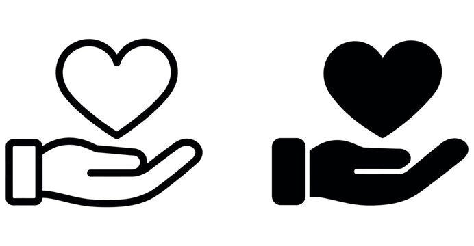 Heart in hand icon set, charity and donation symbol, care and love concept vector graphic.