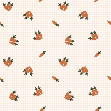 Carrot Vegetable Seamless Pattern on Pink Gingham Grid Check Background for Cute Picnic Kitchen Textile Vector Design