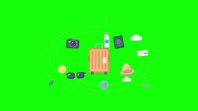 Flat vector animation of travel essentials including a suitcase camera sunglasses hat and passport floating on a green screen background