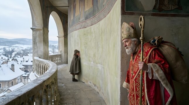 Saint Nicholas of Myra as the original Santa Claus, compassionate elderly bishop with flowing white beard and dignified paternal presence, wearing sumptuous crimson Byzantine vestments with antique-go