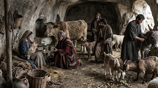 An image of the Three Kings offering gifts to the Infant Jesus in a cave, captured from the perspective of ordinary local witnesses, the Kings carefully lowering their precious containers beside the c
