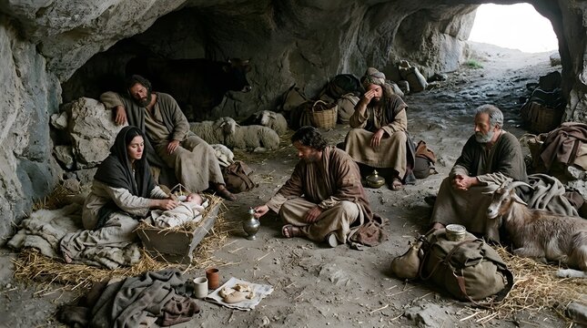 An image of the Three Kings offering gifts to the Infant Jesus in a cave, captured from the perspective of ordinary local witnesses, the Kings carefully lowering their precious containers beside the c