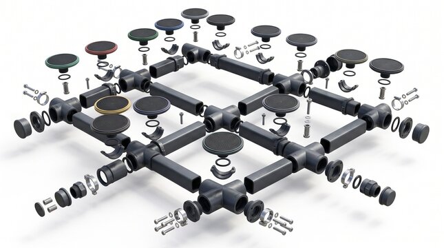 Raised Floor Pedestal - 3D illustration of Exploded diagram of a raised access floor
pedestal and stringer system