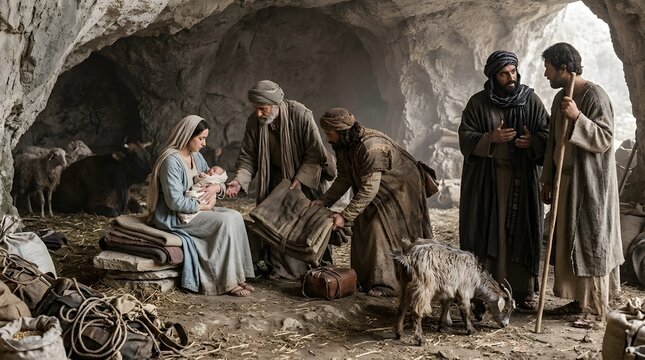 An image of the Three Kings offering gifts to the Infant Jesus in a cave after first attending to the basic needs of their animals, one King finally approaching Mary with a gift while another pours wa