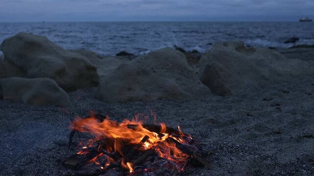 Bonfire Burning on Pebble Beach at Dusk with Sea Waves Sound