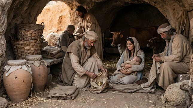 An image of the Three Kings offering gifts to the Infant Jesus in a cave while a newborn lamb has been temporarily wrapped in rough wool near the family for warmth, one King presenting his offering wh