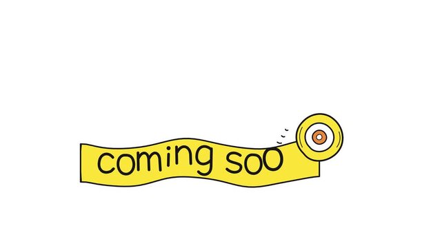 Yellow tape unrolling to reveal coming soon lettering