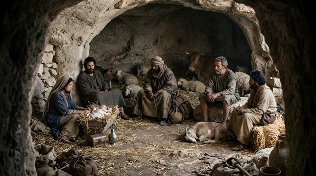 An image of the Three Kings offering gifts to the Infant Jesus in a cave photographed from a deliberately imperfect documentary position where the broad flank of a standing cow partially interrupts th