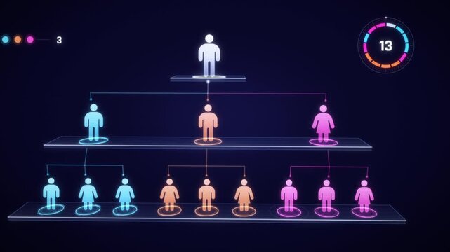 Restructuring org chart where two of three teams merge into one as glowing people icons regroup