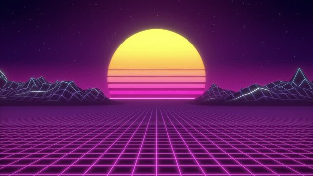 Retro synthwave background with neon pink grid moving toward a striped sun between wireframe mountains