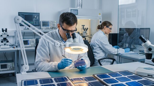 Diligent researchers wearing protective safety glasses and blue gloves working inside a modern laboratory environment while analyzing microchips under bright microscope illumination and conducting tes