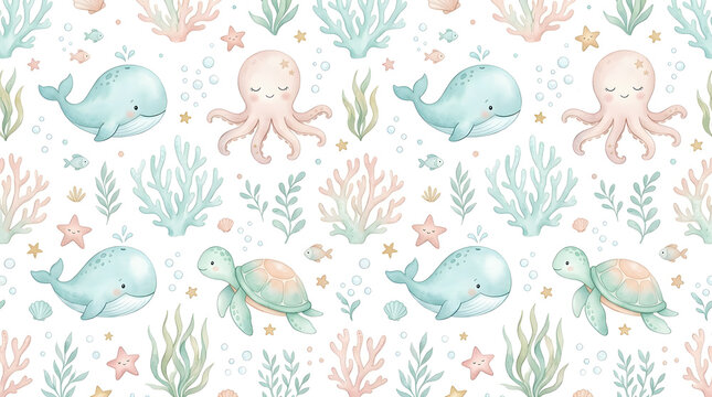 Watercolor seamless pattern with cute sea animals whale octopus sea turtle and corals