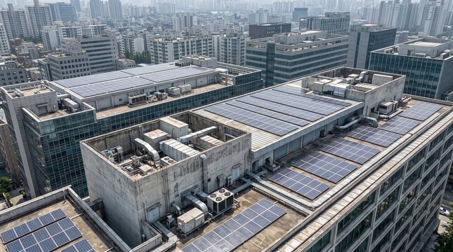 Expansive aerial high angle perspective showing rows of photovoltaic solar panels installed flatly across concrete roofs of industrial commercial buildings surrounding dense modern metropolitan urban 