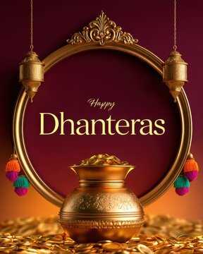 Happy Dhanteras Greeting Card Design with Golden Coin Pot (Money) on Shiny Maroon Background.