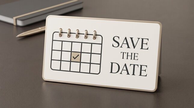 Save The Date Calendar Stand Card On Wooden Office Desk For Event Planning Concept