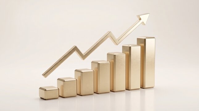 Golden Bar Chart Growth Graph With Upward Rising Arrow For Financial Success And Profit Concept