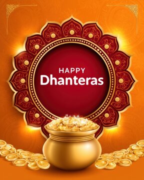 Happy Dhanteras Greeting Card Design with Golden Coin Pot (Money) on Mandala Orange and Red Background.