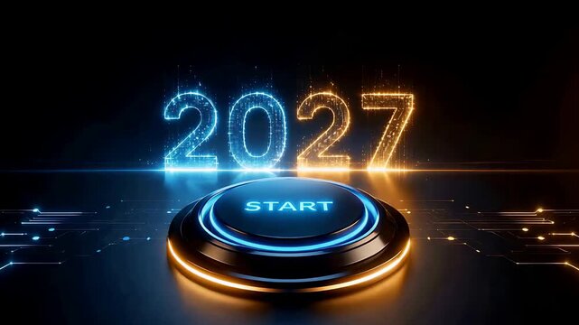 glowing 2027 new year countdown with illuminated start button and futuristic circuit board animation