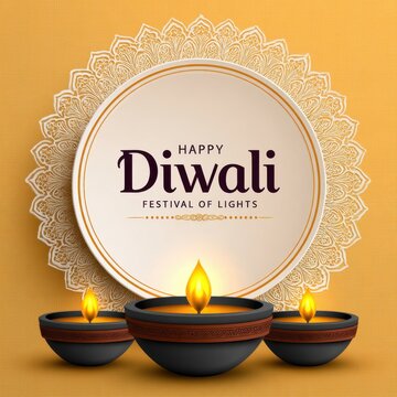 Happy Diwali Greeting Card Design with Lit Diya (Oil Lamp) on Mandala Yellow Background.