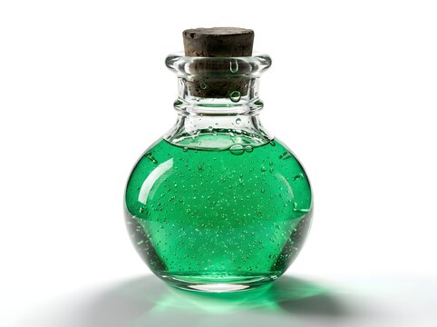 Magic Green Potion Liquid in a Round Glass Bottle with Cork Stopper Isolated on White Background