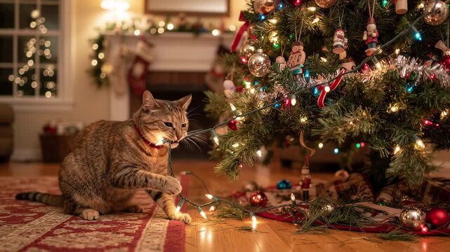 Curious cat tangled in glowing Christmas lights beside decorated tree indoors. Festive holiday home decor, playful pet behavior and cozy winter celebration