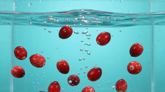 Cranberries falling into clear water with dramatic splash and bubbles. Fresh red fruit underwater in slow motion, dynamic food and beverage background