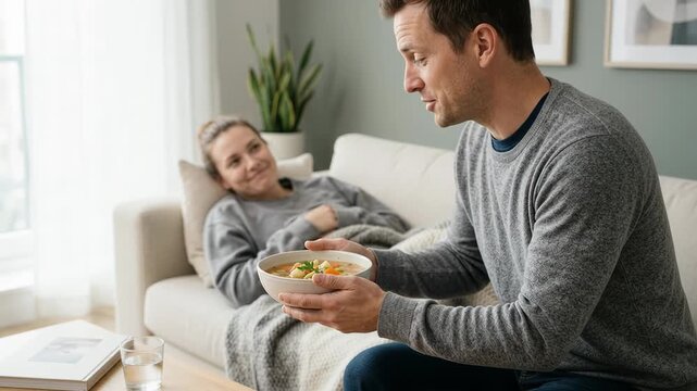 Man bringing bowl of soup to sick woman resting under blanket on sofa at home. Concept of caregiving, comfort, illness recovery and domestic support