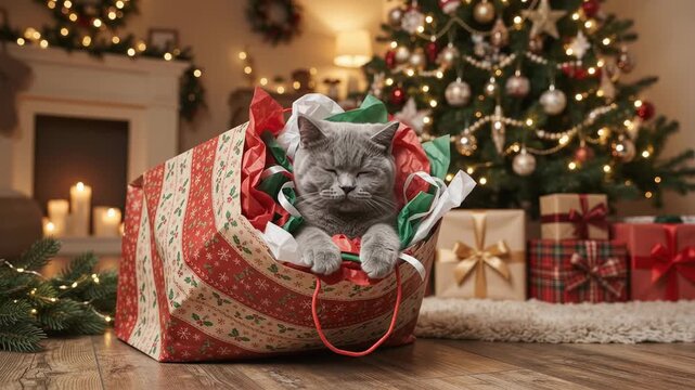 Gray cat sitting inside festive gift bag beside decorated Christmas tree in cozy living room. Christmas surprise, holiday pet and present concept